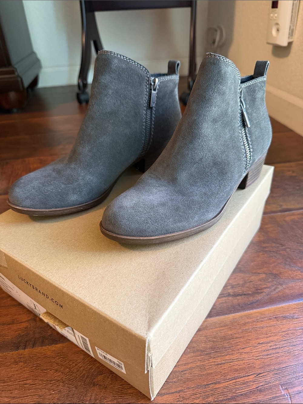 Gently worn Lucky Brand Charcoal Suede Ankle Booties